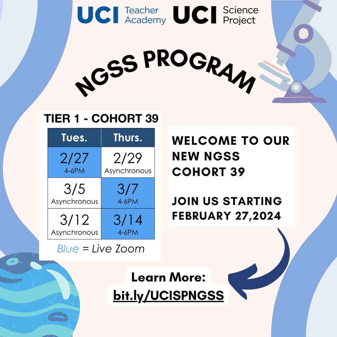 Ready to revolutionize your science instruction? 🚀 Join our program designed for science teachers and leaders to deepen your understanding and seamlessly implement the Next Generation Science Standards into your classroom🧪

Register Today! Learn more: bit.ly/UCISPNGSS 📚