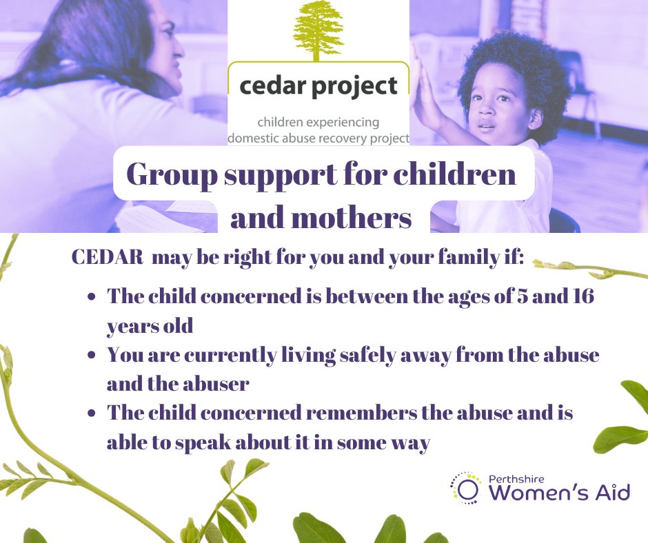 Our recovery groups for children create a safe place for children and their mothers to help each other to find the best strategies to deal with their experiences and rebuild their lives. We have courses running this month, contact contactus@perthcedar.co.uk or call 01738 639043