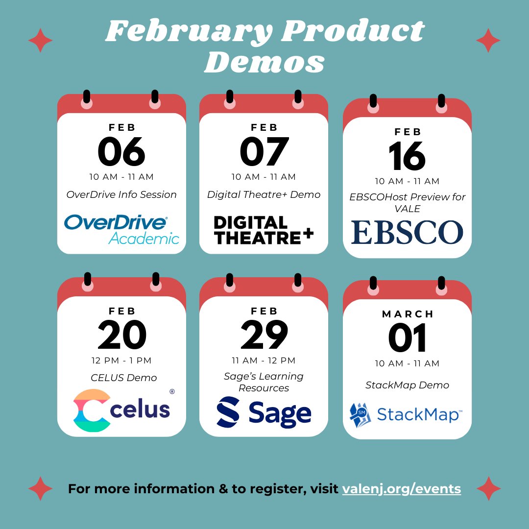 In Feb., our members can learn more about VALE offerings and updates from @OverDriveInc, @DigitalTheatre, @EBSCO, @sageusa, @StackMap, and more! Bring your questions! To see all upcoming information sessions and demos, visit valenj.org/events! #VALEnj #njlibraries