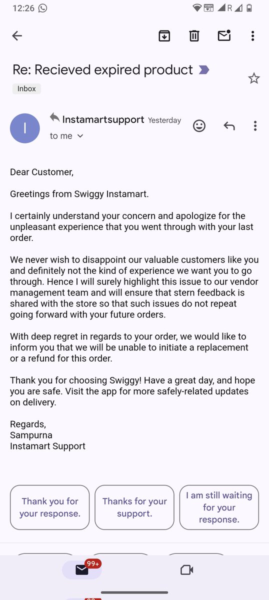 Shitu2109's tweet photo. @SwiggyInstamart I ordered ID offee and for expired product. You guys emailed saying won't refund and this is my first experience. I need my money back and without resolving my issue you are sending me a feedback form of closing. Pathetic experience ordered first timd https://t.co/fbCol8UU9j