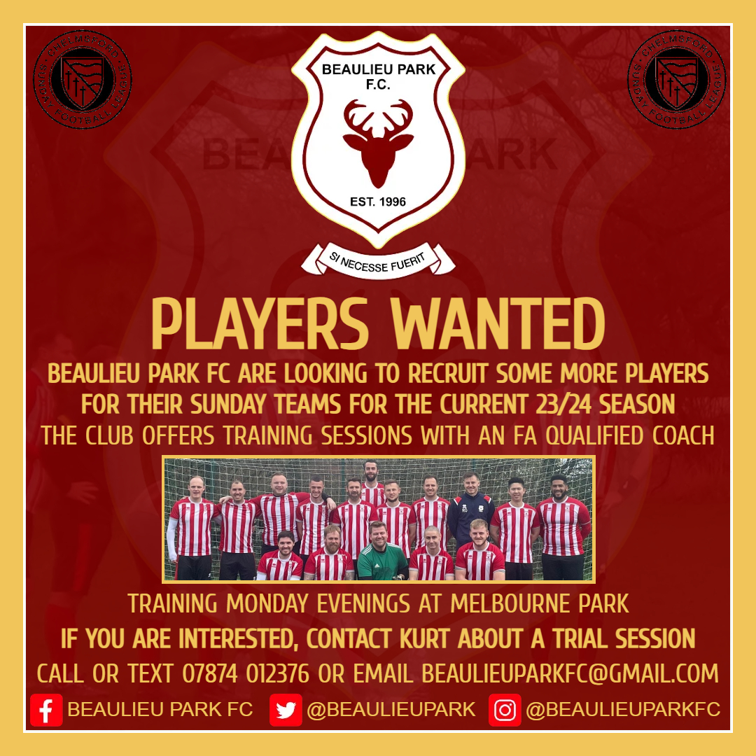 BeaulieuPark's tweet photo. 🚨PLAYERS WANTED🚨
Our Sunday teams are on the lookout for some more players to help strengthen their squad this season.
If you are interested in joining then get in touch!
#squadbooster #playerfinder #BeaulieuPark #Essex #grassrootsfootball #chelmsford https://t.co/0NcbfDF5S1