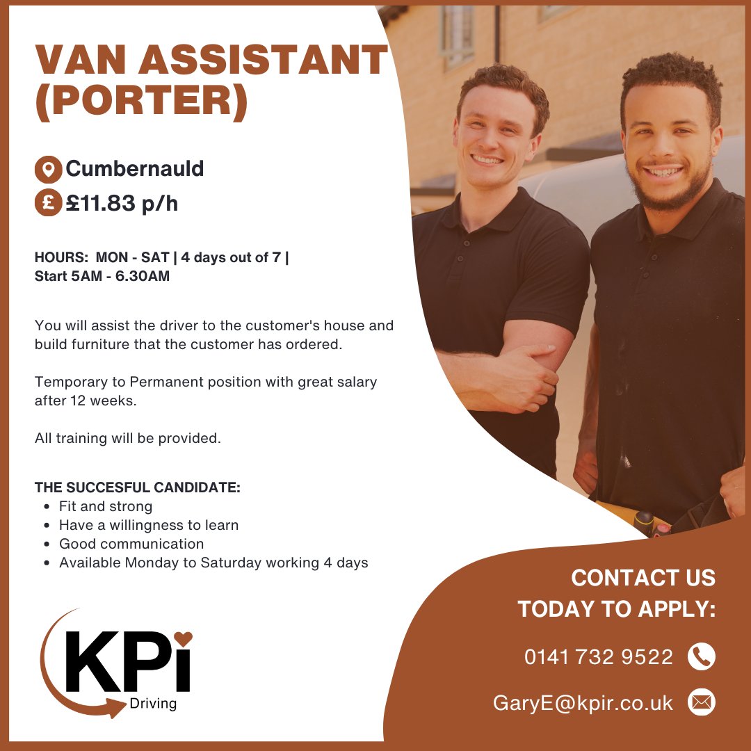 **VAN ASSISTANT (PORTER)** Cumbernauld. £11.83 p/h

Call 0141 7329522 or email GaryE@kpir.co.uk to apply.

Visit bit.ly/KPIDrivJob to find this job & MORE!

#VanAssistant #VanPorter #PorterJobs #DrivingJobs #CumbernauldJobs #LanarkshireJobs #JobSearch #KPIRecruiting