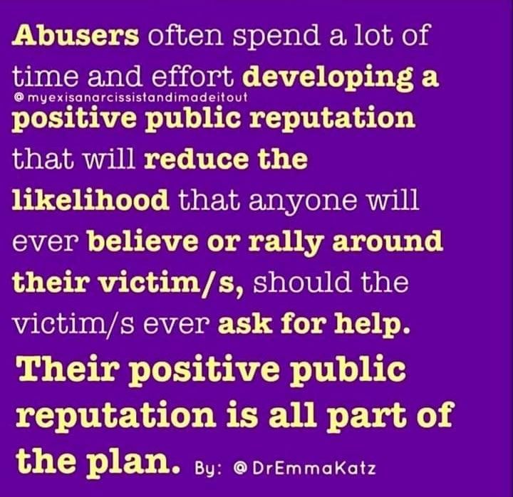 Remember this the next time you choose not to believe a survivor.

#pillarofthecommunity #darvo #groomingtheirallies #theabuserstoolkit #perpetrator101 #believesurvivors #supportsurvivors #domesticabuse #domesticviolence #datingabuse #postseparationabuse