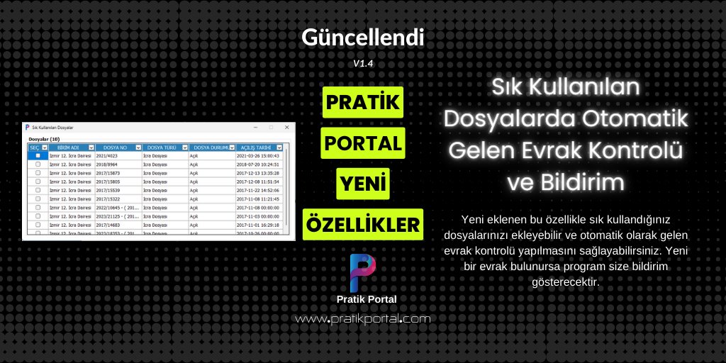 Pratik Portal ile sık kullanılan dosyaların evrak kontrolünü otomatik yapma ve yeni bir evrak geldi ise bildirim alma imkanına sahip olursunuz.
pratikportal.com