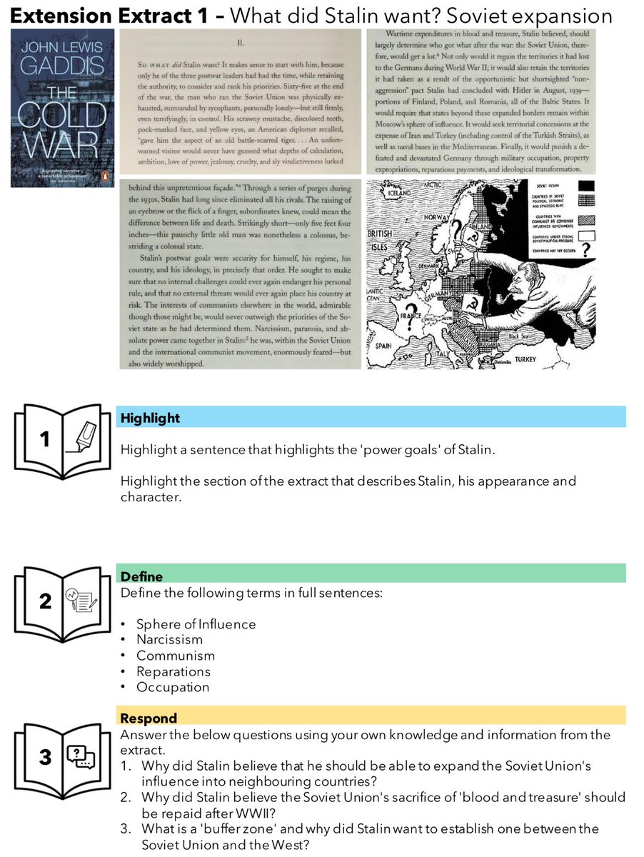 Chipping away at our ‘Extension Extract’ homework’s to further knowledge and world build at GCSE. Students will read through Gaddis’ ‘The Cold War’ and get to grips with Stalin’s character and motivation for Soviet expansionism. #historyteacher