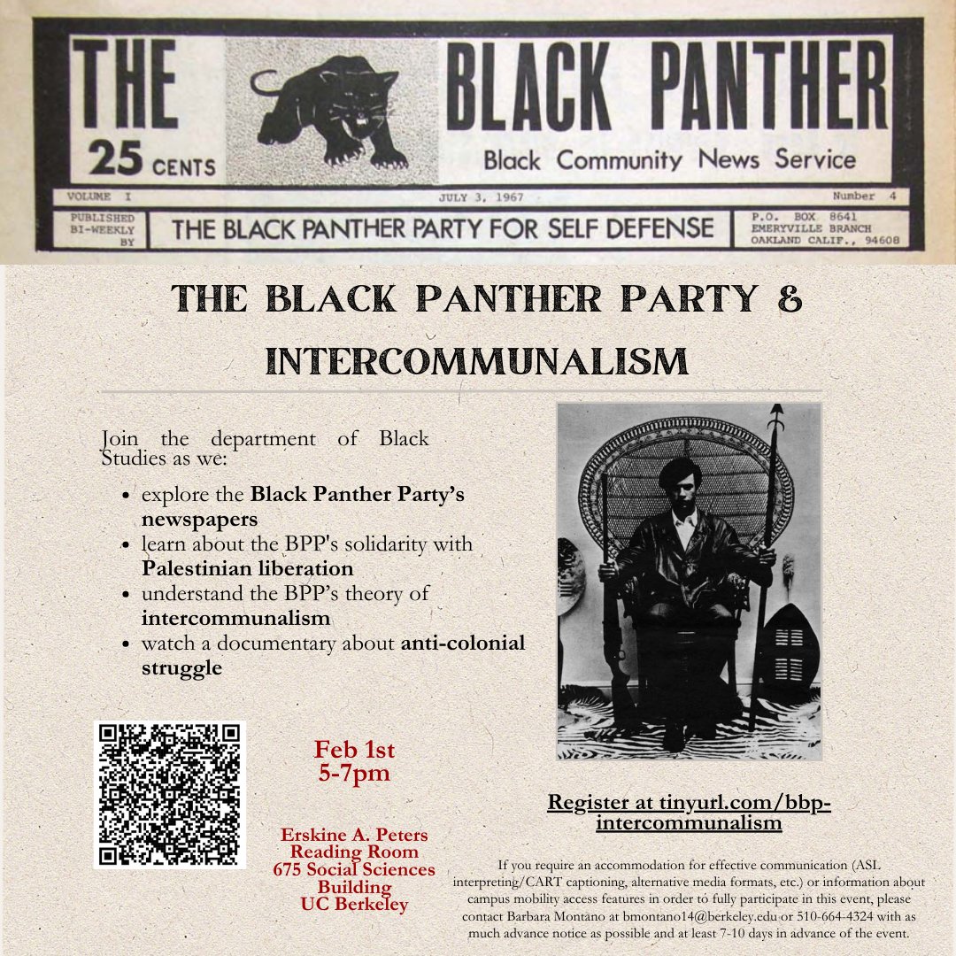 Join us tomorrow, February 1st from 5-7pm in 675 Social Science Building for 'The Black Panther Party & Intercommunalism.' We will learn about the BBP's theory of intercommunalism and solidarity with Palestine. Register: eventbrite.com/e/the-black-pa…