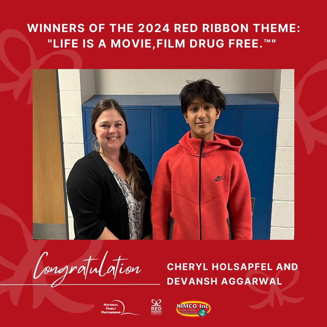 🎬 Drumroll, please! 🏆 Excited to announce winners Cheryl Holsapfel & Devansh Aggarwal from Solon Middle School, Solon, Ohio, for the 2024 Red Ribbon Theme: 'Life is a Movie. Film Drug Free'! Lights, camera, action – let's celebrate living our best, drug-free lives! 🌟 🎥🚫