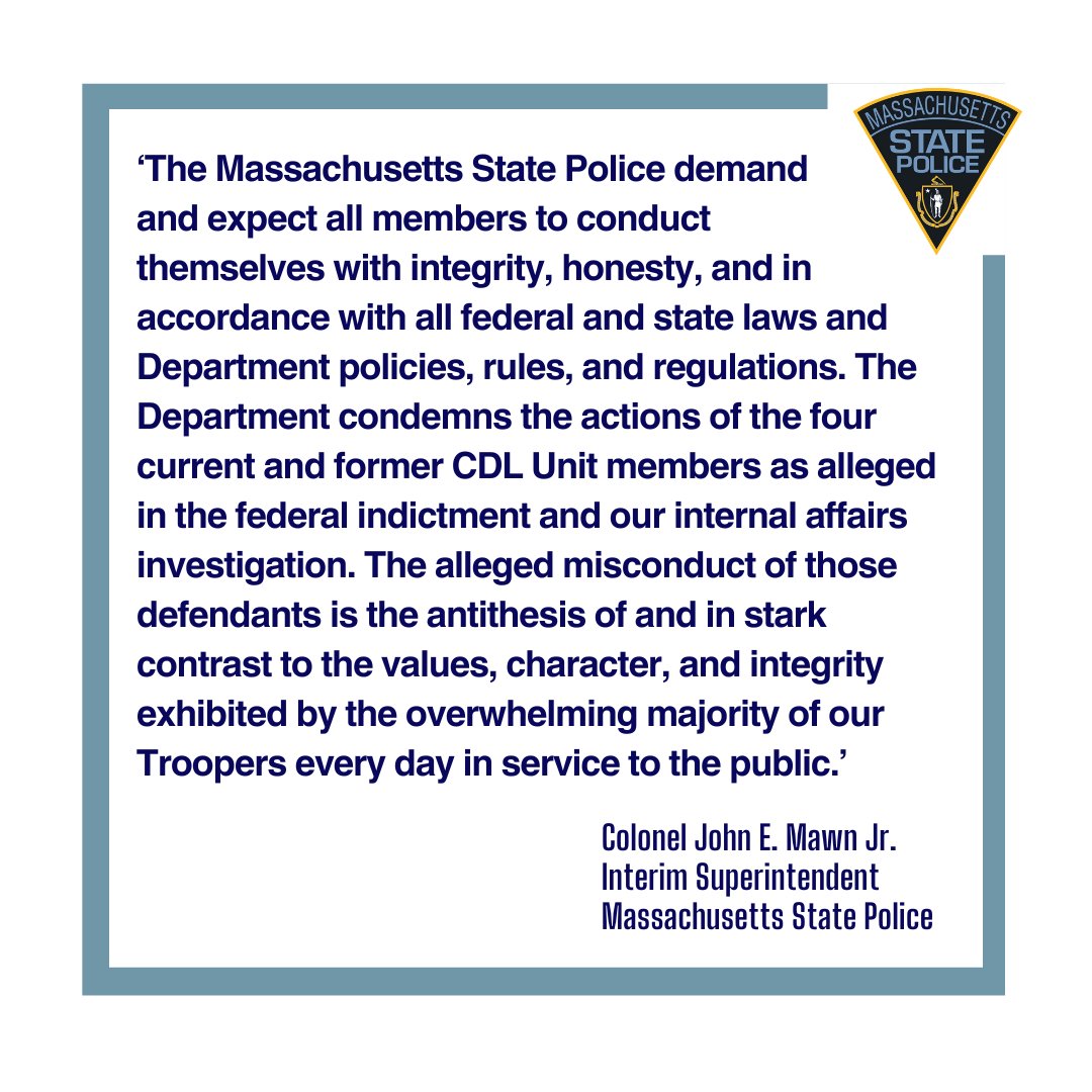 Colonel Mawn released this statement regarding the federal indictment of two MSP members and two retired members from the Commercial Driver Licensing (CDL) Unit. The indictment charges the defendants with issuing CDL licenses fraudulently. #integrity #accountability #publictrust