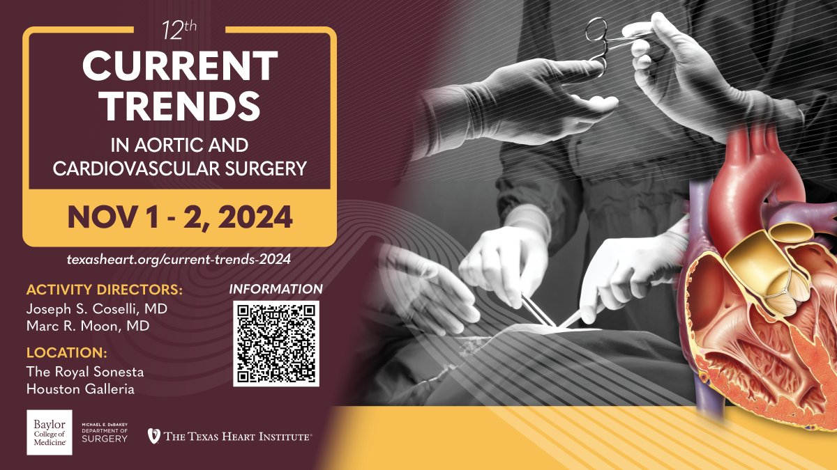 The Texas Heart Institute (@texas_heart) on Twitter photo Save the Date for #CurrentTrendsAortic
The 12th Current Trends in Aortic and Cardiovascular Surgery Symposium is happening Nov. 1-2, 2024 in Houston, Texas.
Register: texasheart.org/current-trends…
<a href="/JCoselli_MD/">Joseph Coselli, MD</a> <a href="/MarcMoonMD/">Marc Moon</a> <a href="/BCM_Surgery/">BCM_Surgery</a> <a href="/bcmhouston/">BCMHouston</a>
#Cardiothoracic #Surgery #Cardiology Save the Date for #CurrentTrendsAortic
The 12th Current Trends in Aortic and Cardiovascular Surgery Symposium is happening Nov. 1-2, 2024 in Houston, Texas.
Register: texasheart.org/current-trends…
<a href="/JCoselli_MD/">Joseph Coselli, MD</a> <a href="/MarcMoonMD/">Marc Moon</a> <a href="/BCM_Surgery/">BCM_Surgery</a> <a href="/bcmhouston/">BCMHouston</a>
#Cardiothoracic #Surgery #Cardiology