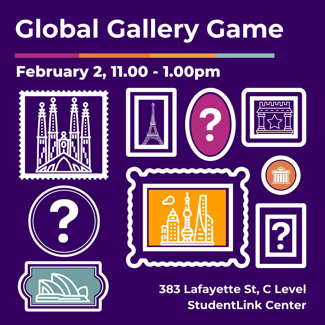 Join us Friday for the Global Gallery Game! Engage with other students as you explore pictures from our study away locations. Test your global knowledge by  guessing the locations of these intriguing snapshots &amp; win prizes!

Register here! bit.ly/3UjQ07L?r=lp