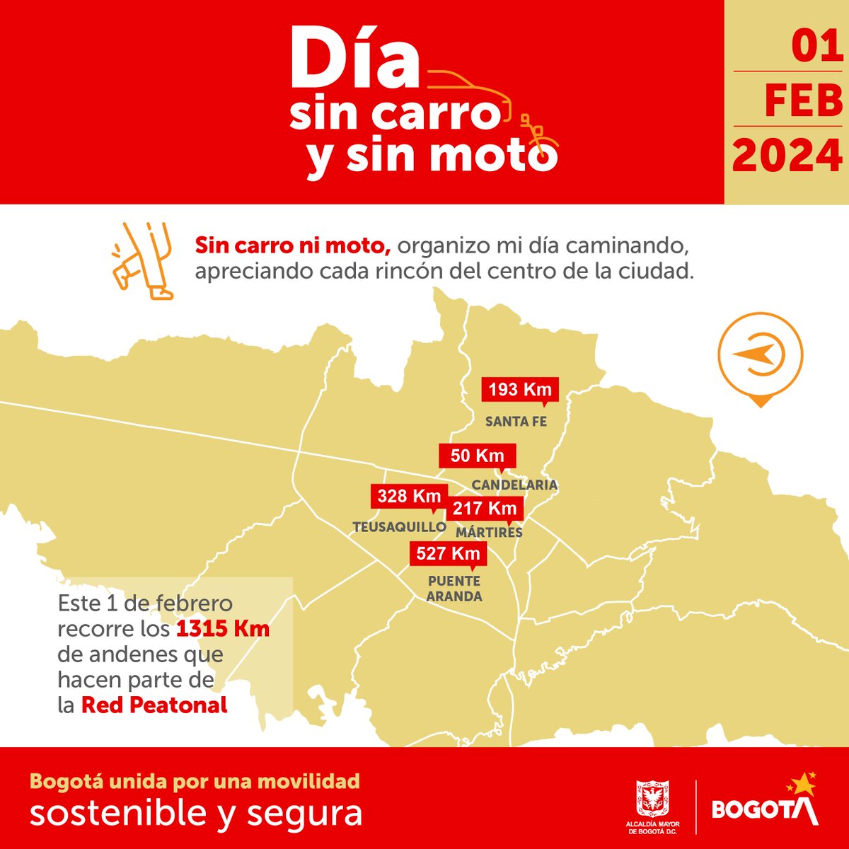 💚¡Bogotá unida por una movilidad sostenible y segura!

🚶🏻‍♀️Camina por los 9.575 km de andenes que hacen parte de la red peatonal que conecta a toda la ciudad, este 1 de febrero en el #DíaSinCarro y sin moto.🚶‍♂️