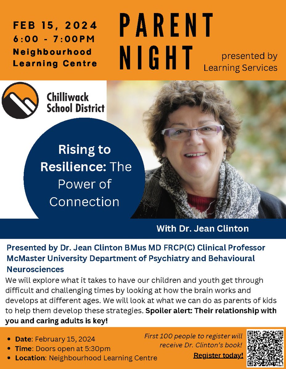 Dear parents, do you ever wonder just what's going on inside their little heads? Join us for an evening of learning about how children's brains work with Dr. Jean Clinton! FREE! February 15 at the Neighbourhood Learning Centre. #SD33Learns #HumanSocialsd33
