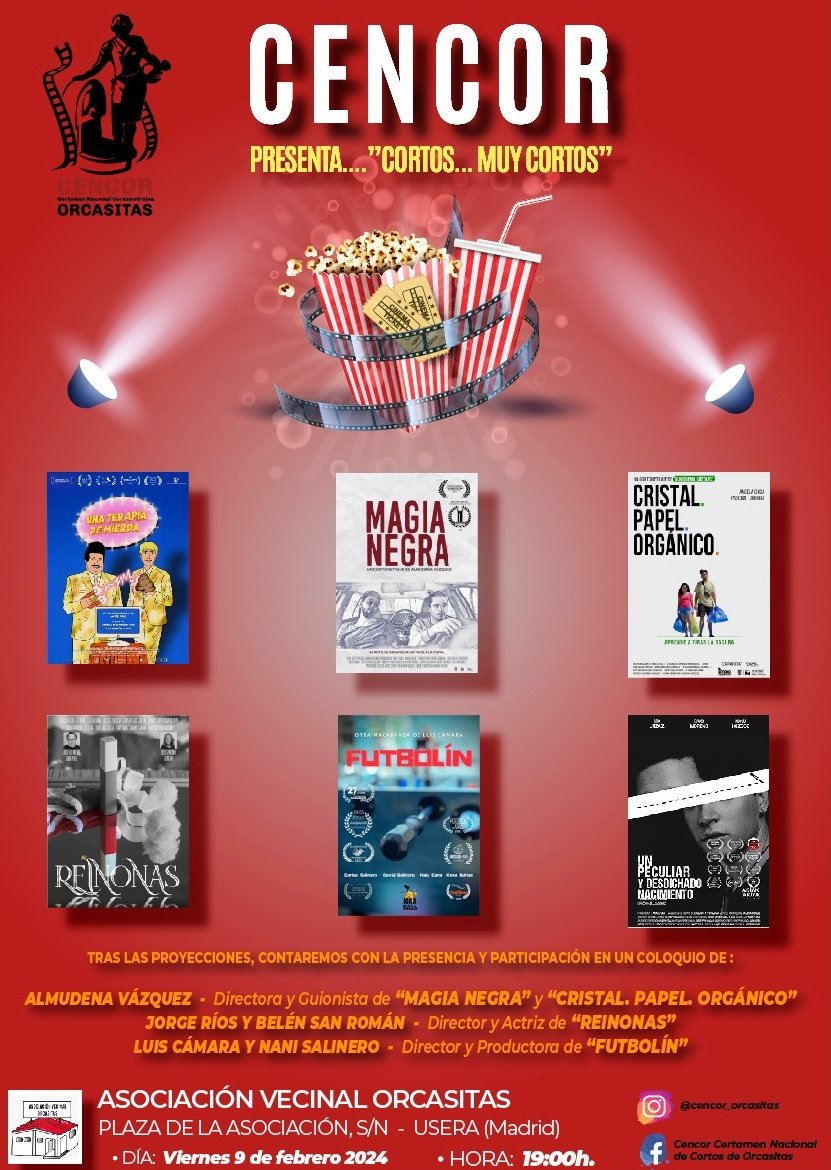 CENCORcasitas's tweet photo. ¿Quieres pasar una tarde de cine? 🎞️ 
CENCOR presenta... "Cortos...muy cortos"
 📆9 de febrero a las 19:00h.
➡️Asociación vecinal de Orcasitas (Plaza de la Asociación s/n)
¡¡Te esperamos!! https://t.co/WE96fHUBRl