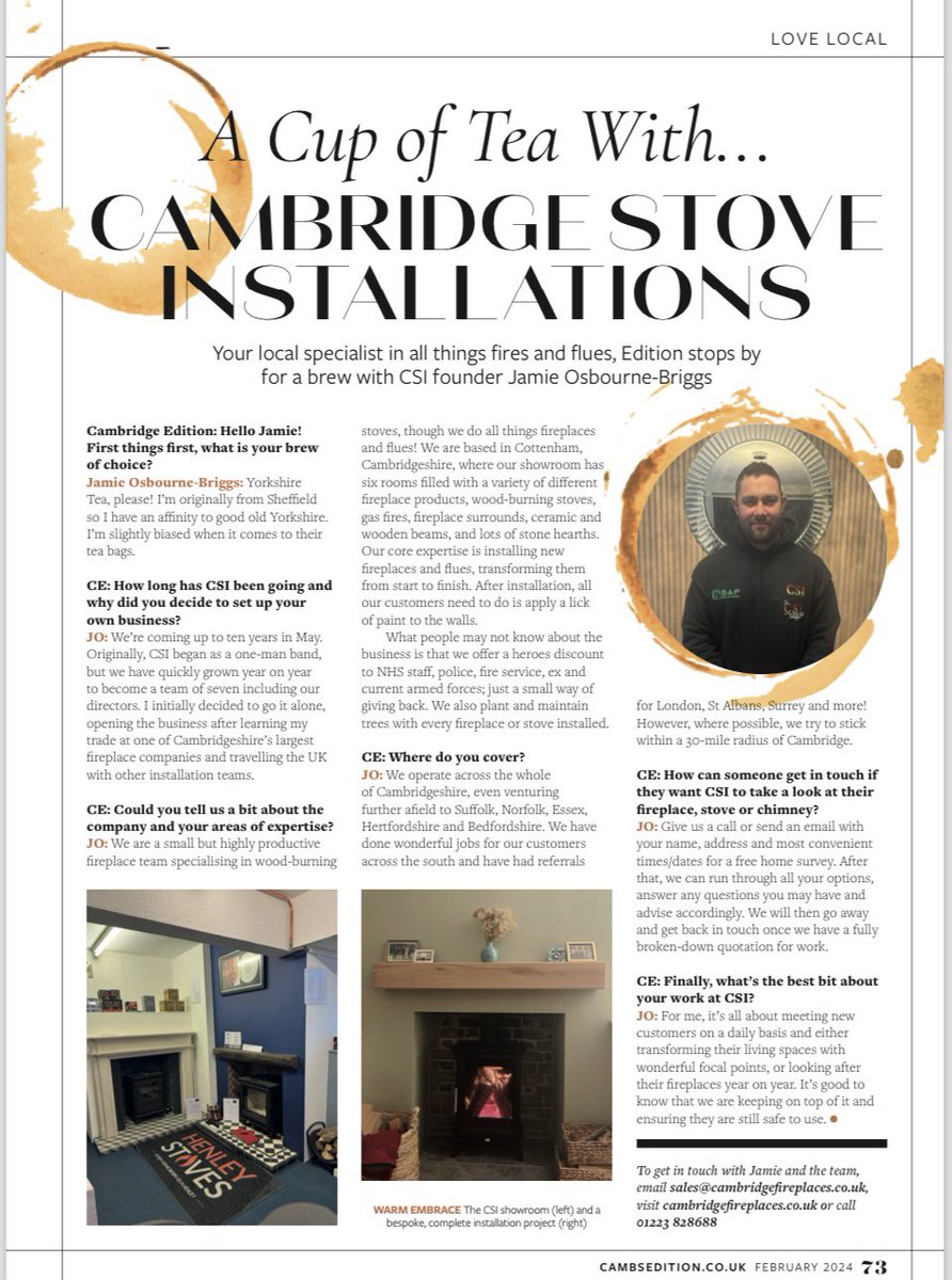 CambsFirePlaces's tweet photo. @CambsEdition great piece on us 👌❤️🔥
#HomeImprovement #fireplace #stove #electricfireplaces #Gasfires something for everyone from team #CSI #shoplocal https://t.co/l5eawAEQpc