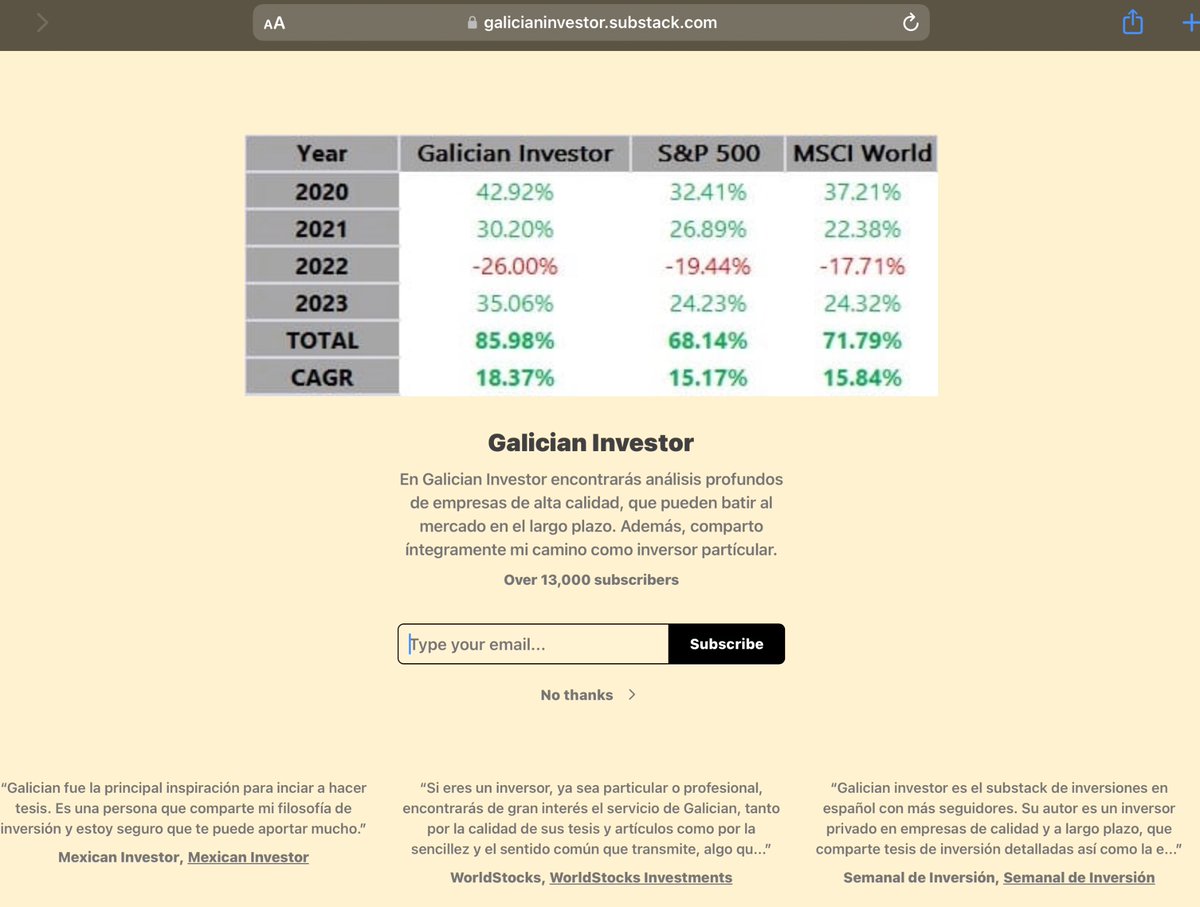 GaliciaInvestor's tweet photo. 🚨🚨
En 2024, Galician Investor cumple cuatro años, un proyecto que comencé con el simple objetivo de compartir mis análisis y la gestión de carteras para demostrar mis habilidades (ara bien o para mal), y quizás, en el proceso, descubrir empresas interesantes y ser de ayuda a algún inversor.

Ha sido un viaje de mucho aprendizaje y conocimiento personal, tanto aciertos como errores. Algunas de mis ideas han funcionado, mientras que otras no han salido según lo esperado, y algunas surgieron simplemente por curiosidad. 

Siempre he buscado mantener cierta alineación entre mis ideas y mi cartera. En este hilo, puedes conocer todas las que he analizado, incluso aquellas menos conocidas. Algunas están en abierto, de forma que podrás conocer mejor mi trabajo.

Si te interesa descubrir compañías excelentes y simplificar tu análisis, quizás encuentres valor en lo que comparto. 😃

Y si me ayudas a difundir, siempre se agradece.🙏🏼 Detrás de todo este contenido hay miles de horas detrás. 😅

👇🏽👇🏽