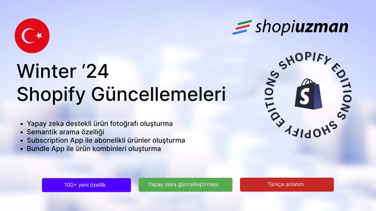 💣 Shopify Winter'24 güncellemesi yayınlandı. Her zaman olduğu gibi yine yüzlerce yeni özellik yayınlandı.

👉 Yeni özellikleri sizin için Türkçe dilinde özetledim, aşağıdaki bağlantıdan inceleyebilirsiniz:

shopiuzman.com/winter24/