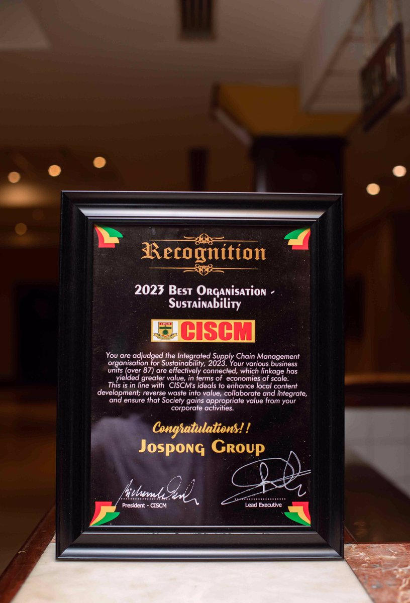 thejospongroup's tweet photo. The Jospong Group of Companies has been honored with the prestigious Chartered Institute of Supply Chain Management (CISCM) 2023 BEST ORGANISATION - SUSTAINABILITY award! 

 #JospongGroup #CISCM #Sustainability https://t.co/T3qb1JVgKk