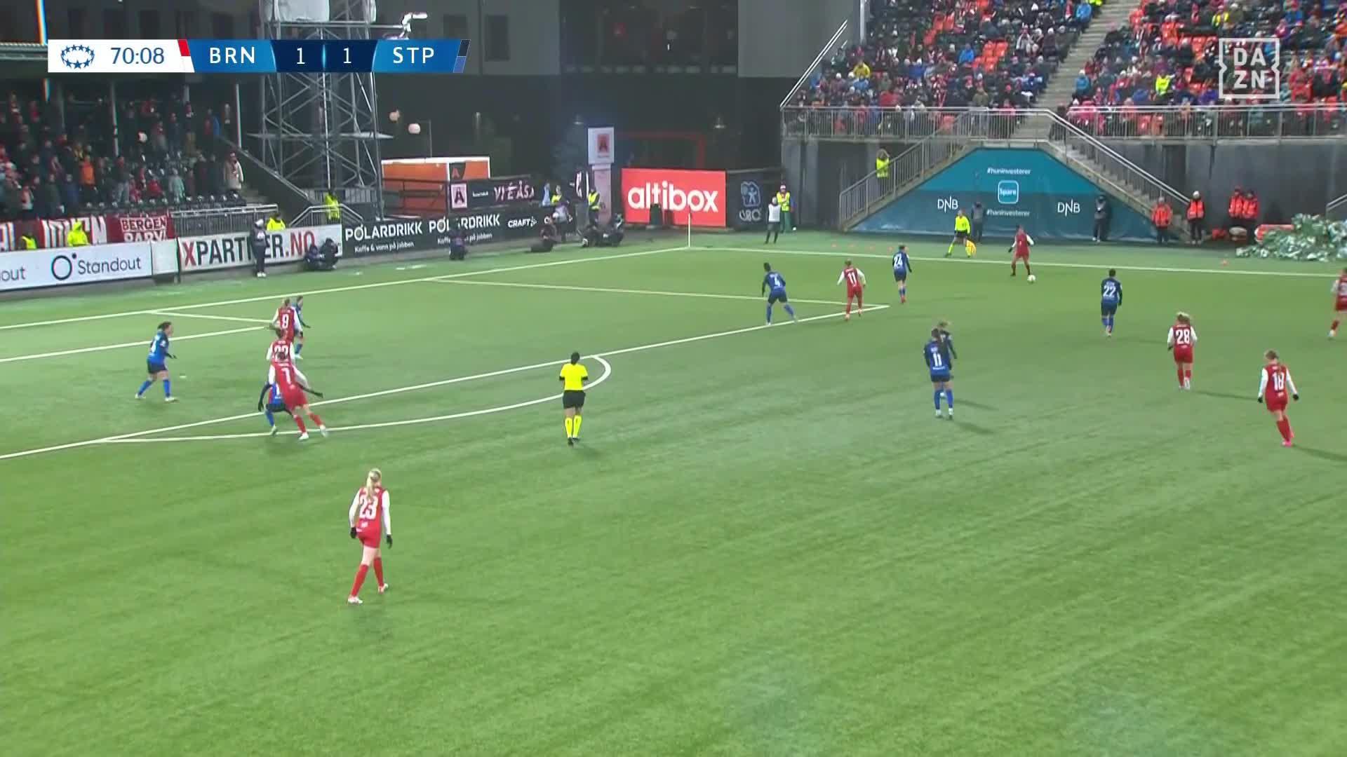 BIG chance! Amalie Eikeland can't finish a slick Brann move. 🫣Watch the UWCL LIVE for FREE on DAZN 👉  #UWCLonDAZN