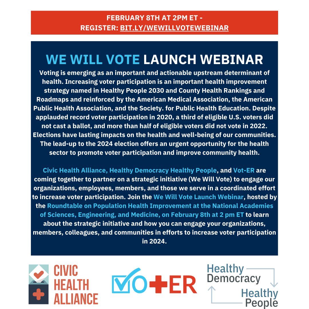 We are joining forces with @civichealth_all, @Vot_ER_org, & @theNASEM to host the #WeWillVote webinar series! Register for the webinar 'Thrive Through Civic Health: We Will Vote' here: bit.ly/WeWillVoteWebi…