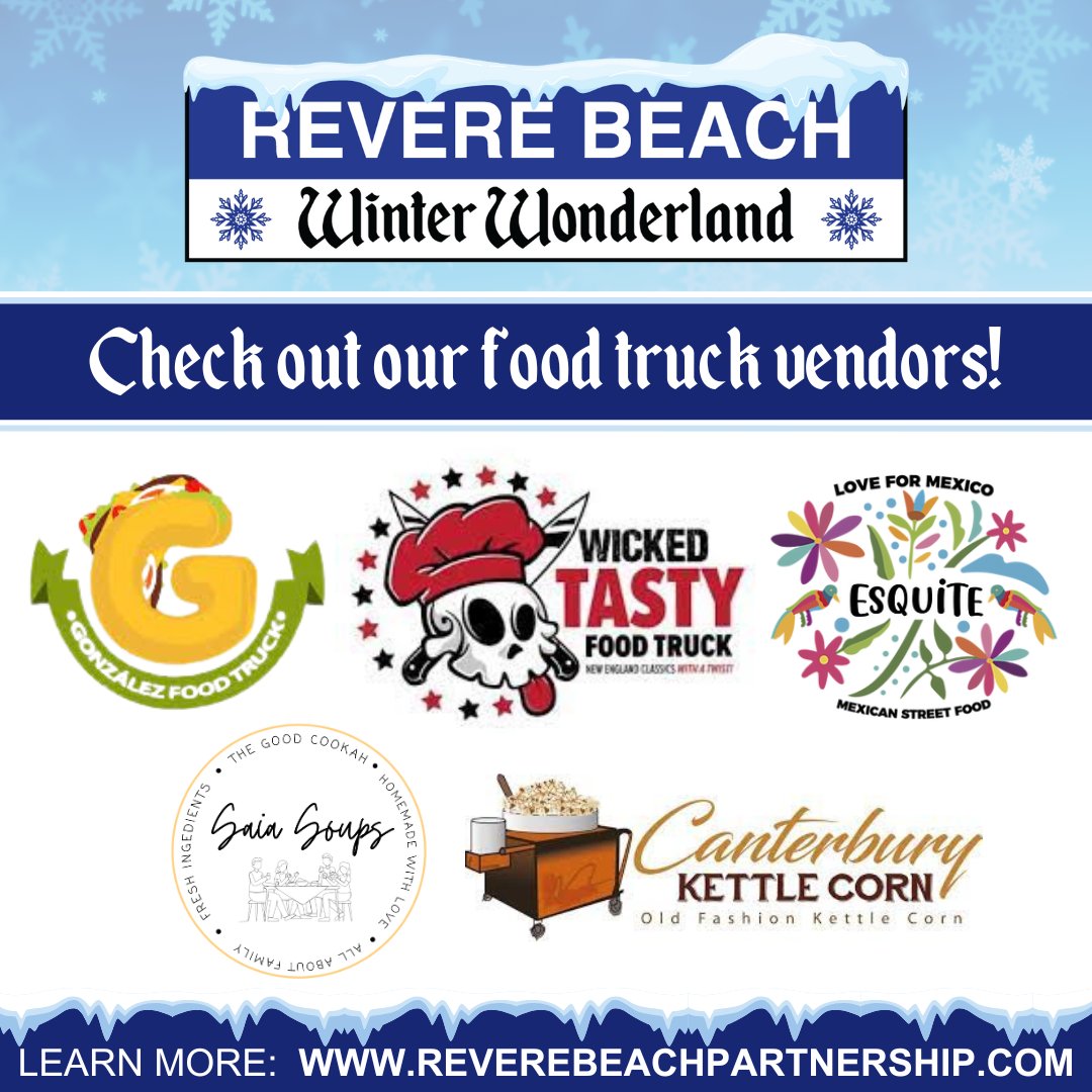RevereBeach1896's tweet photo. We are excited to share our food truck vendors for the First Annual Revere Beach Winter Wonderland! Make sure to stop by on Saturday, February 3rd from 11am to 8pm to taste their delicious food.❄️⛸️
#foodtruck #wintermarket #revere #reverebeach #bostonthingstodo #saturday https://t.co/YNr6eysgY3