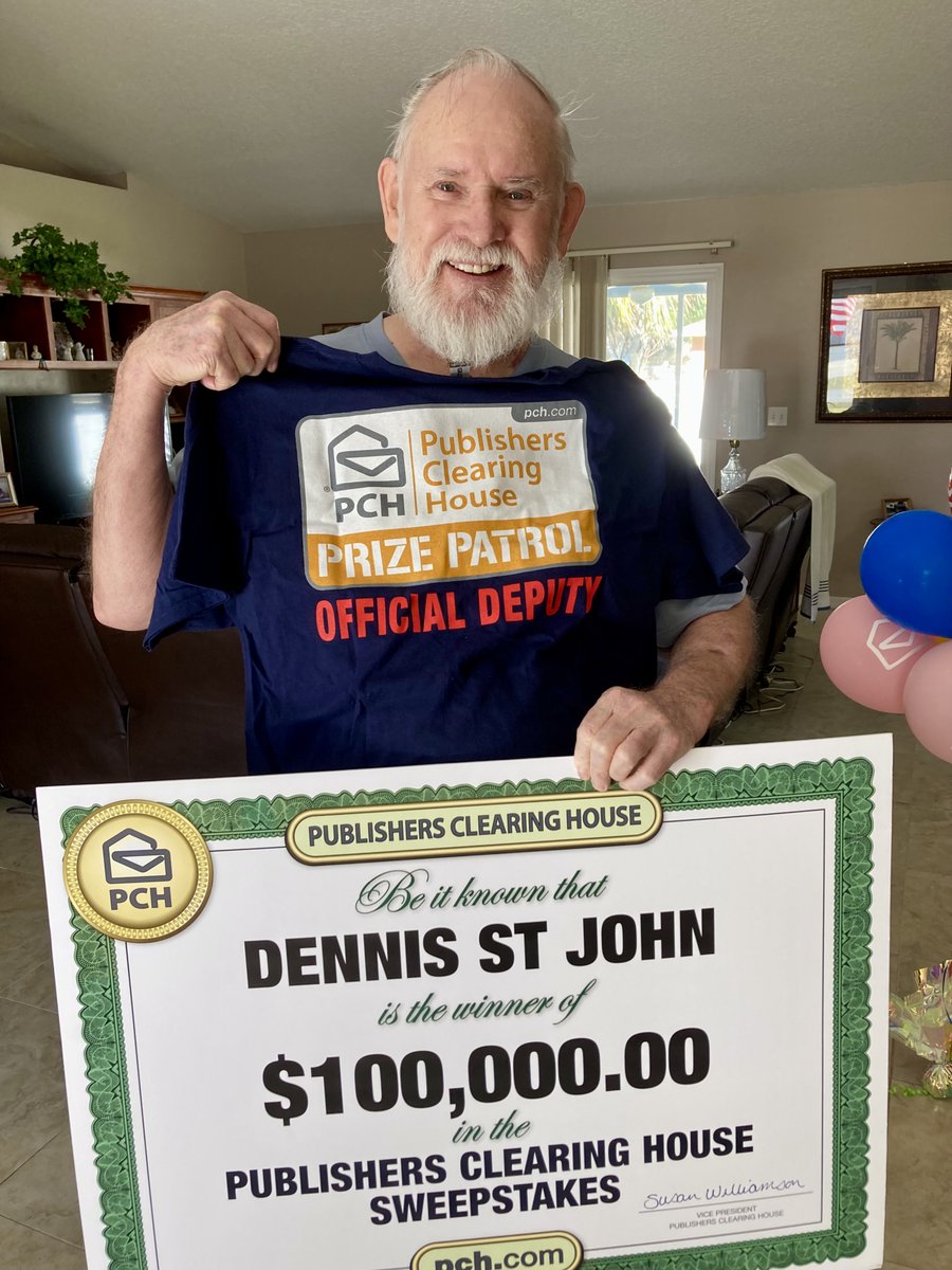 Congratulations to $100,000 #PCHWinner, Dennis S.! 🍾🤩🌹💵🎉🎈
