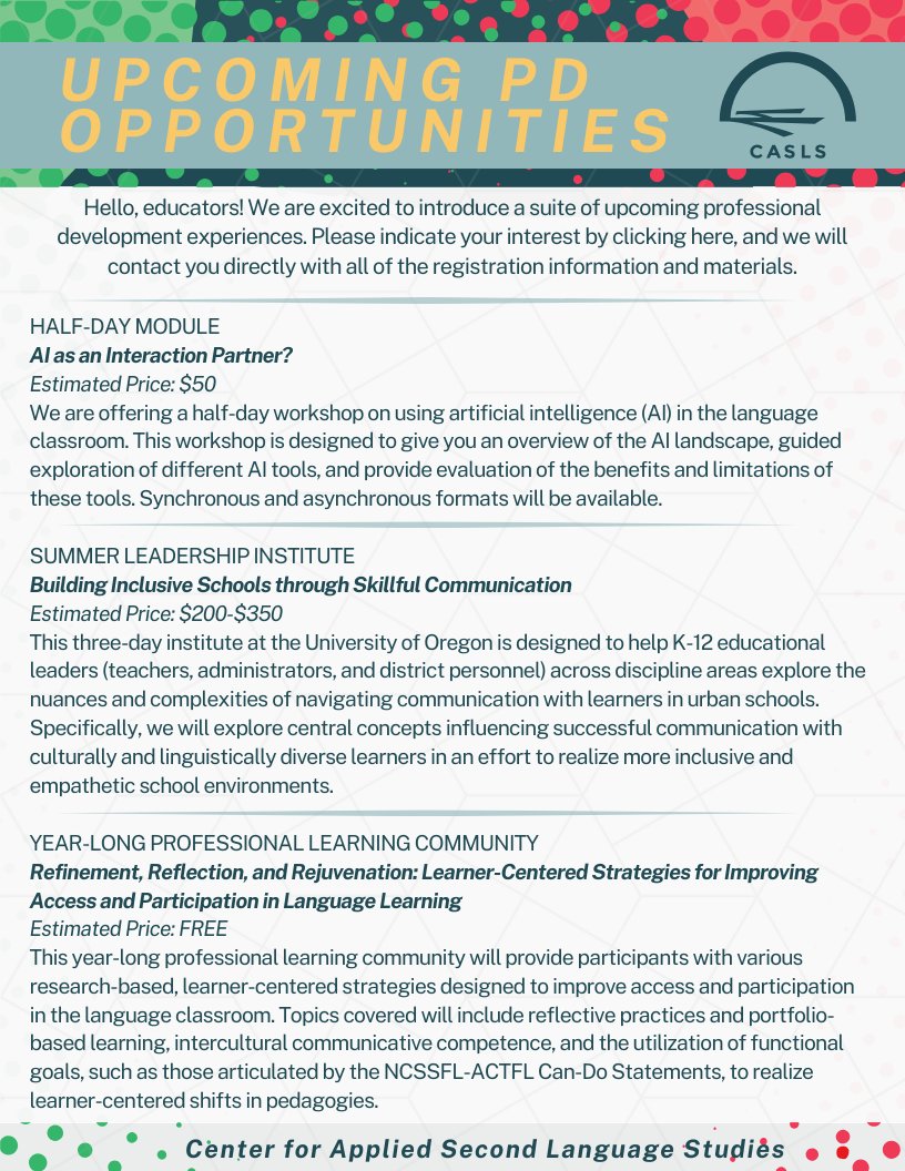 Hello, fellow language educators!✨📢

We are excited to introduce upcoming professional development experiences. 

Please indicate your interest by clicking the link, and we will contact you with registration information and materials.

Connect here: oregon.qualtrics.com/jfe/form/SV_cU…