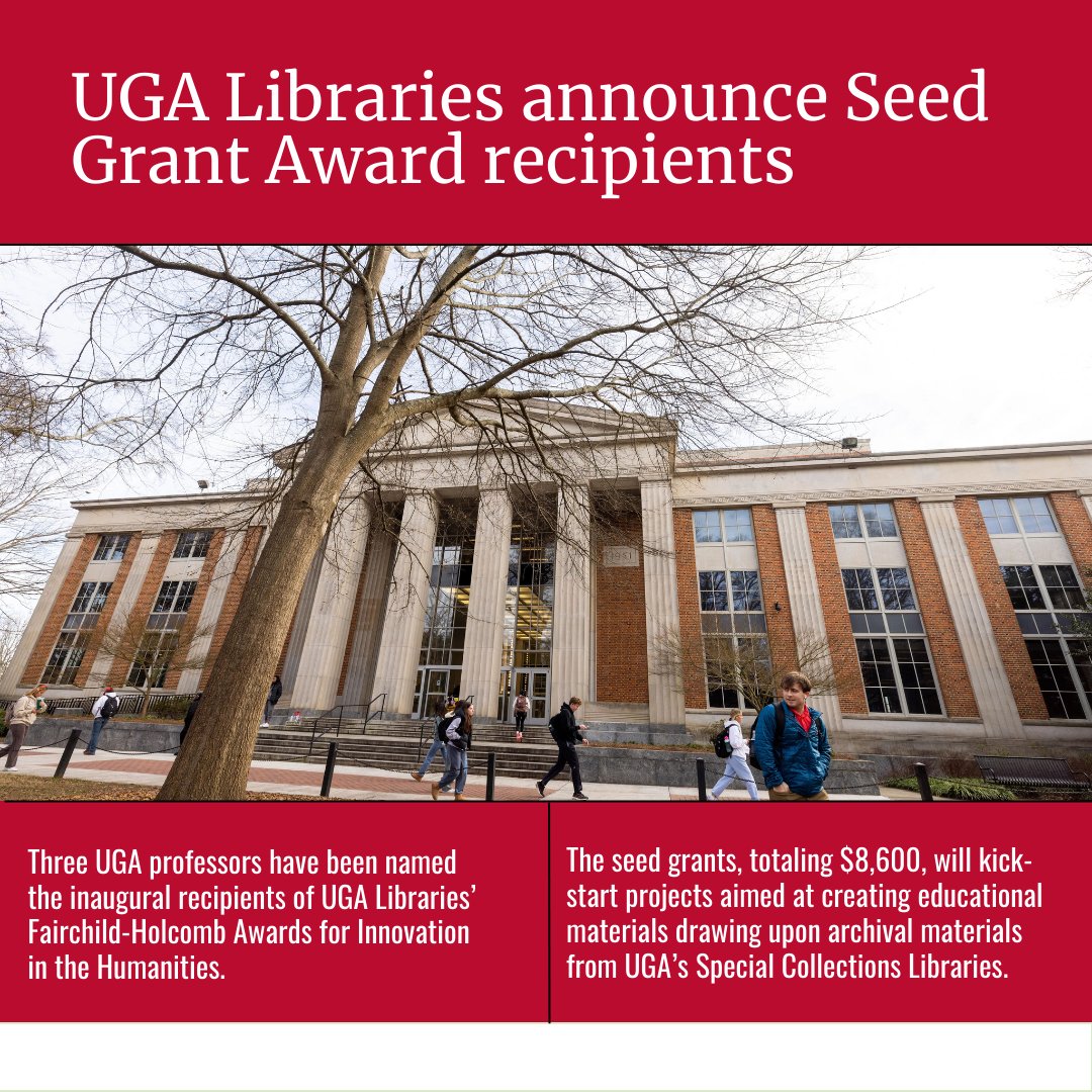 <a href="/ugalibs/">UGA Libraries</a> has named @ugapublichealth Michelle Ritchie, @ugasocialwork Jane McPherson, and <a href="/hargrettlibrary/">Hargrett Library</a> Mazie Bowen as recipients of the Fairchild-Holcomb Awards for Innovation in the Humanities.

t.uga.edu/9FY