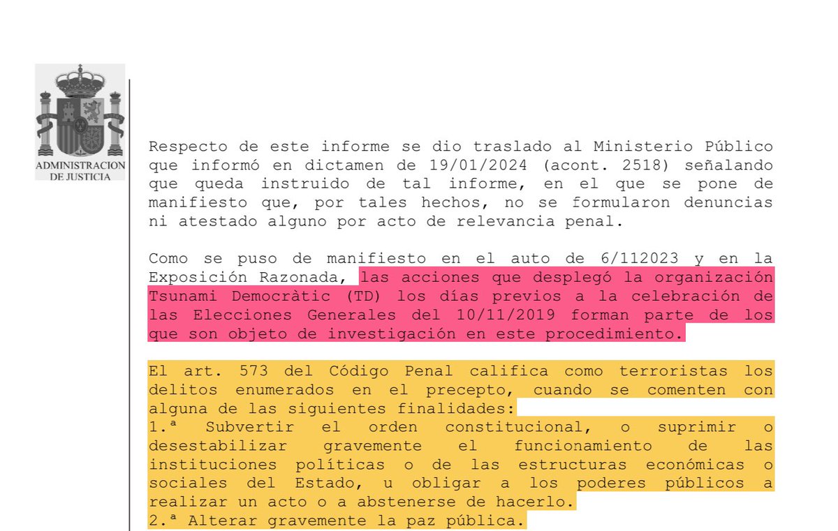 AntonioMaestre's tweet photo. Cuando hablamos del delirio de García Castellón imputado el delito de terrorismo a Tsunami Democratic no creo que la gente sea consciente de lo que hablamos. 

Voy a explicarlo con un ejemplo del auto de García Castellón 

Estos son una parte de los hechos investigados por los que acude al artículo 573 del CP que recoge el delito de terrorismo.