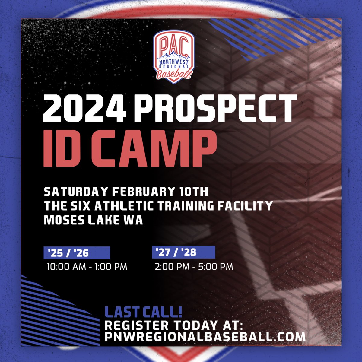 Last call for our first Prospect Identification camp of 2024! Registrations will be closing soon for our February 10th camp in Moses Lake. Register today at pnwregionalbaseball.com 🗓 Sat 2/10 ⌚️ ‘25 / ‘26 - 10 AM - 1 PM ⌚️ ‘27 / ‘28 - 2 PM - 5 PM 📍 The Six (Moses Lake, WA)