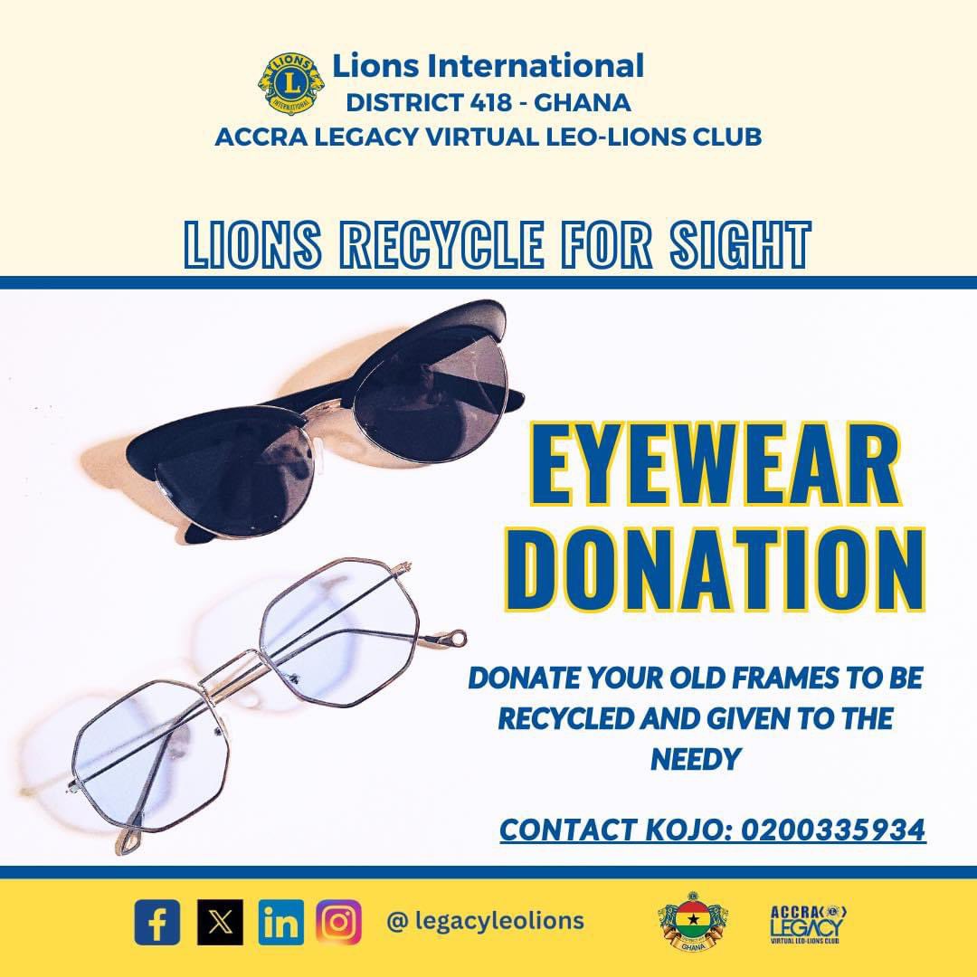 Donate your frames to be recycled and passed on to those in need. 
If you've got a pair, send us a DM. 
Every lens can make a difference.  

#GiftOfSight 
#DonateFrames
#RecycleForSight
#AccraLegacy
#LegacyLeoLions
#VirtualClub
#LeoLions
#WeServe
#District418