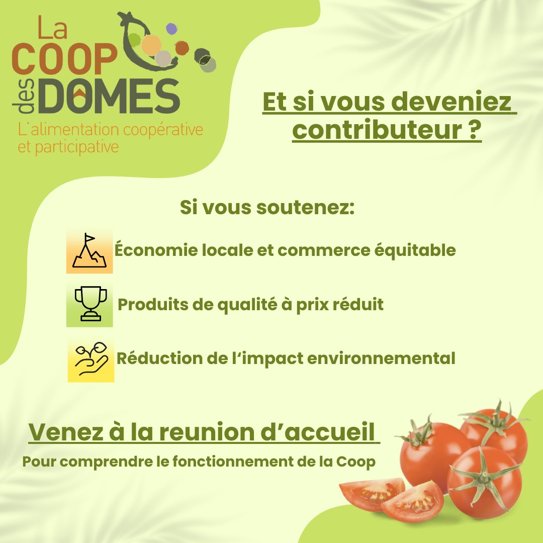 CoopDesDomes's tweet photo. Et si vous deveniez contributeur ?
Venez nous rencontrer à notre réunion d'accueil  😊

- samedi 10 février à 9h au magasin,
- samedi 9 mars à 9h au magasin.

La réunion d'accueil permet de mieux comprendre le fonctionnement de la Coop et le rôle de chacun. https://t.co/F2tA8THkMZ