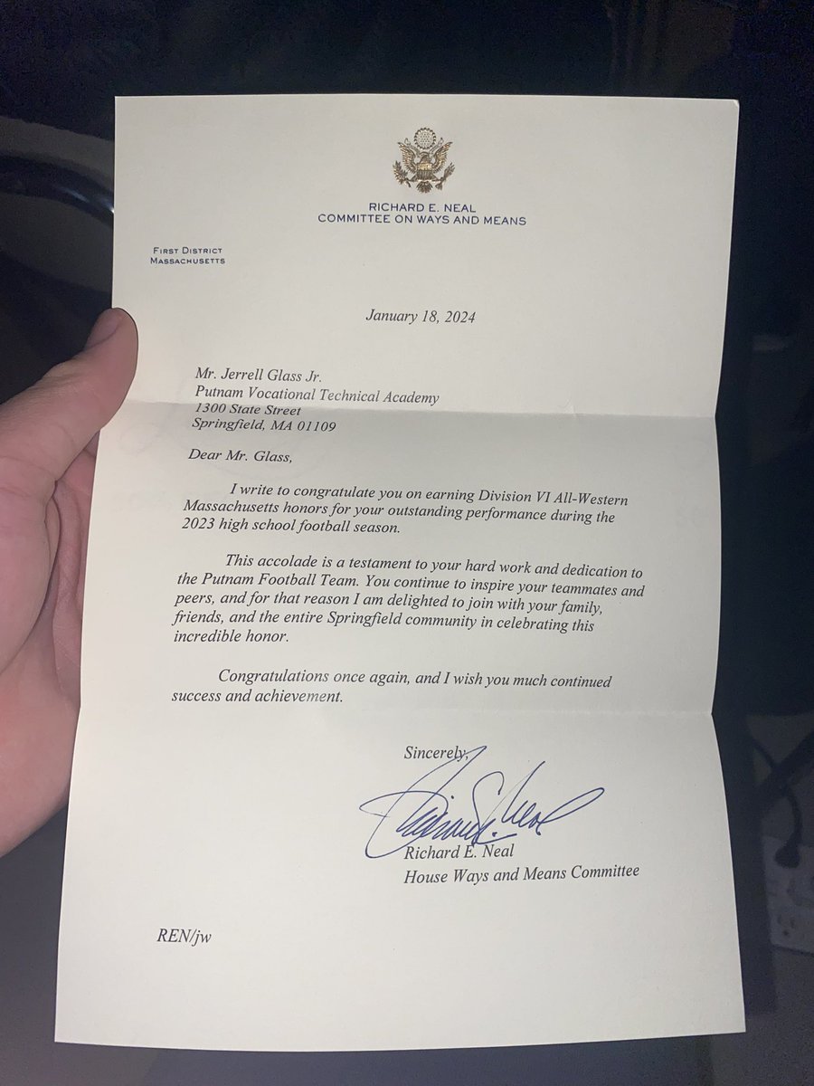 JerrellGlass78's tweet photo. Congressman Richard E. Neal noticed me making Division VI All-Western Mass for football and sent me this letter of his recognition and I’m highly honored and appreciative for this https://t.co/z2kMxULhwG