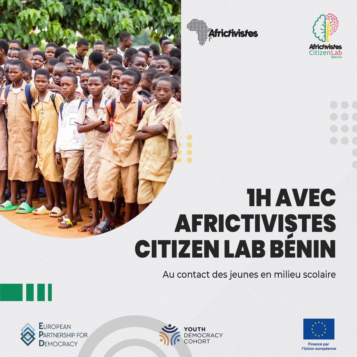 Ce vendredi 02 février 2024, nous lançons '1h avec AfricTivistes Citizen Labs Bénin'! Moment unique d’échange avec la jeunesse. 

Let’s go pour inspirer la prochaine génération de leader 

@EU_Partnerships  @YouthCohort 

#ACLB #AfricTivistes #SupportedByYDC #YouthDemocracyCohort