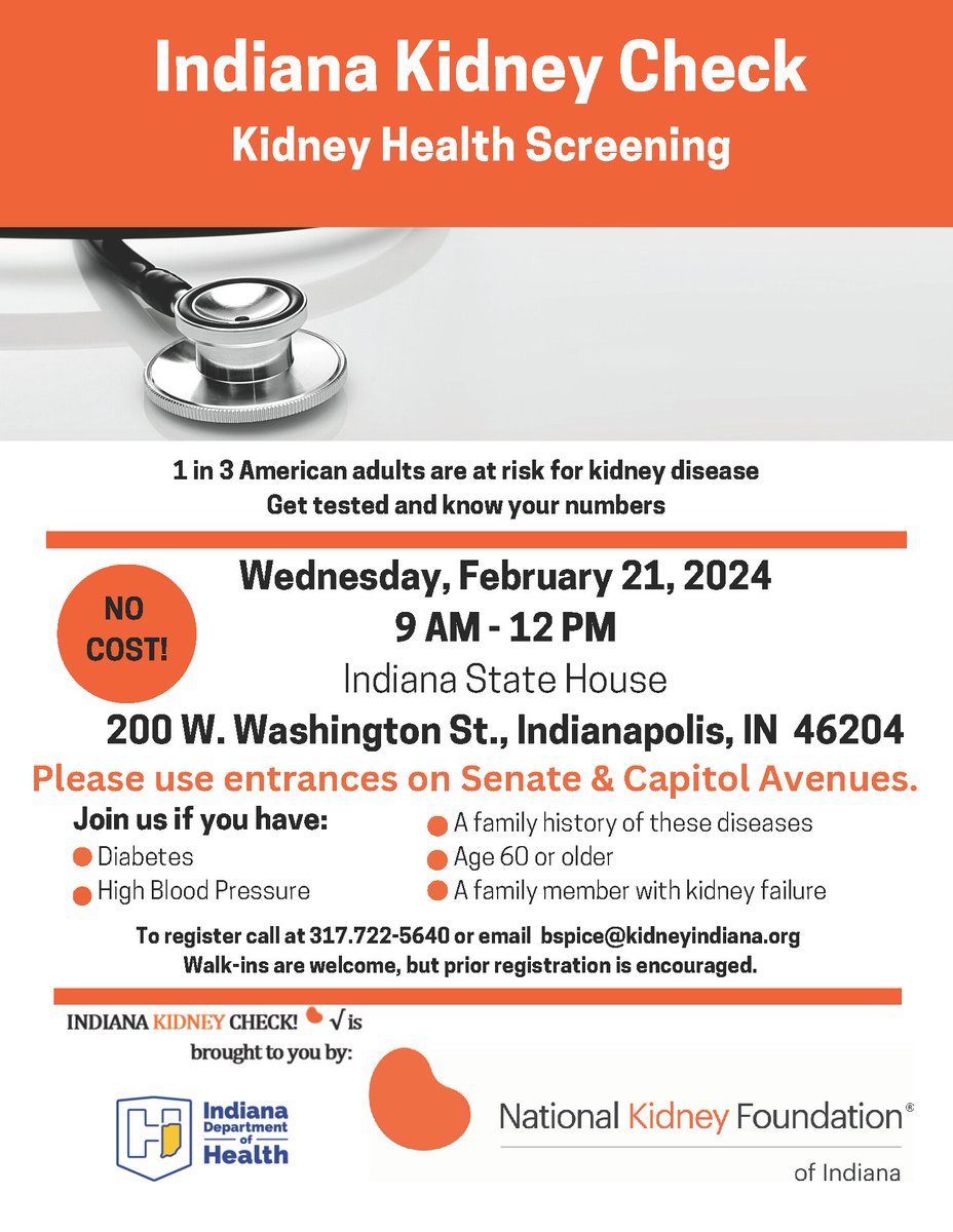 Nearly 1 in 3 American adults are at risk of kidney disease. Please join the Indiana Department of Health and National Kidney Foundation for a free screening event at the Statehouse on 2/21 from 9A-12PM.