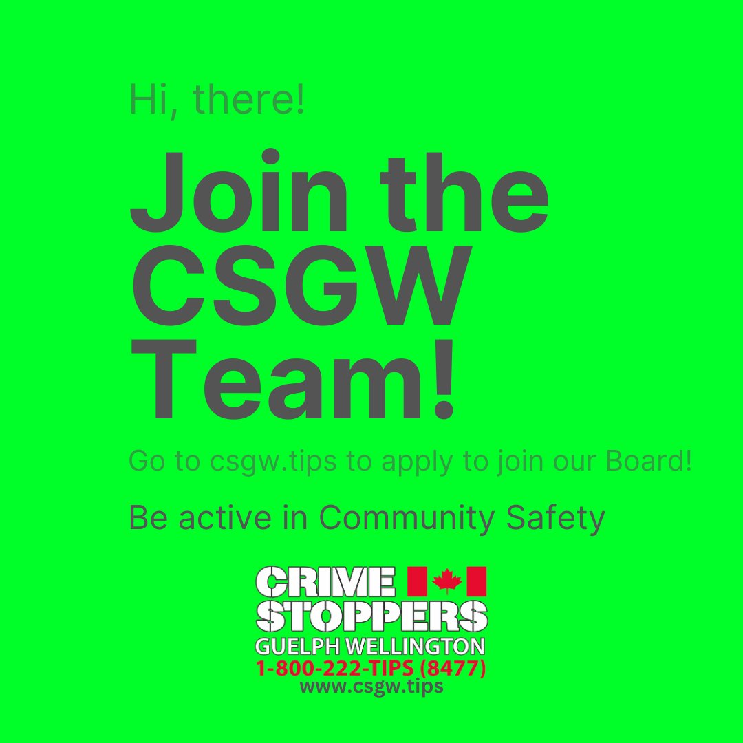 Volunteering is an option all year long! #JoinTheCSGWTeam 
Go to csgw.tips and "Support Us"! You can be part of #CommunitySafety in #Guelph #Wellington