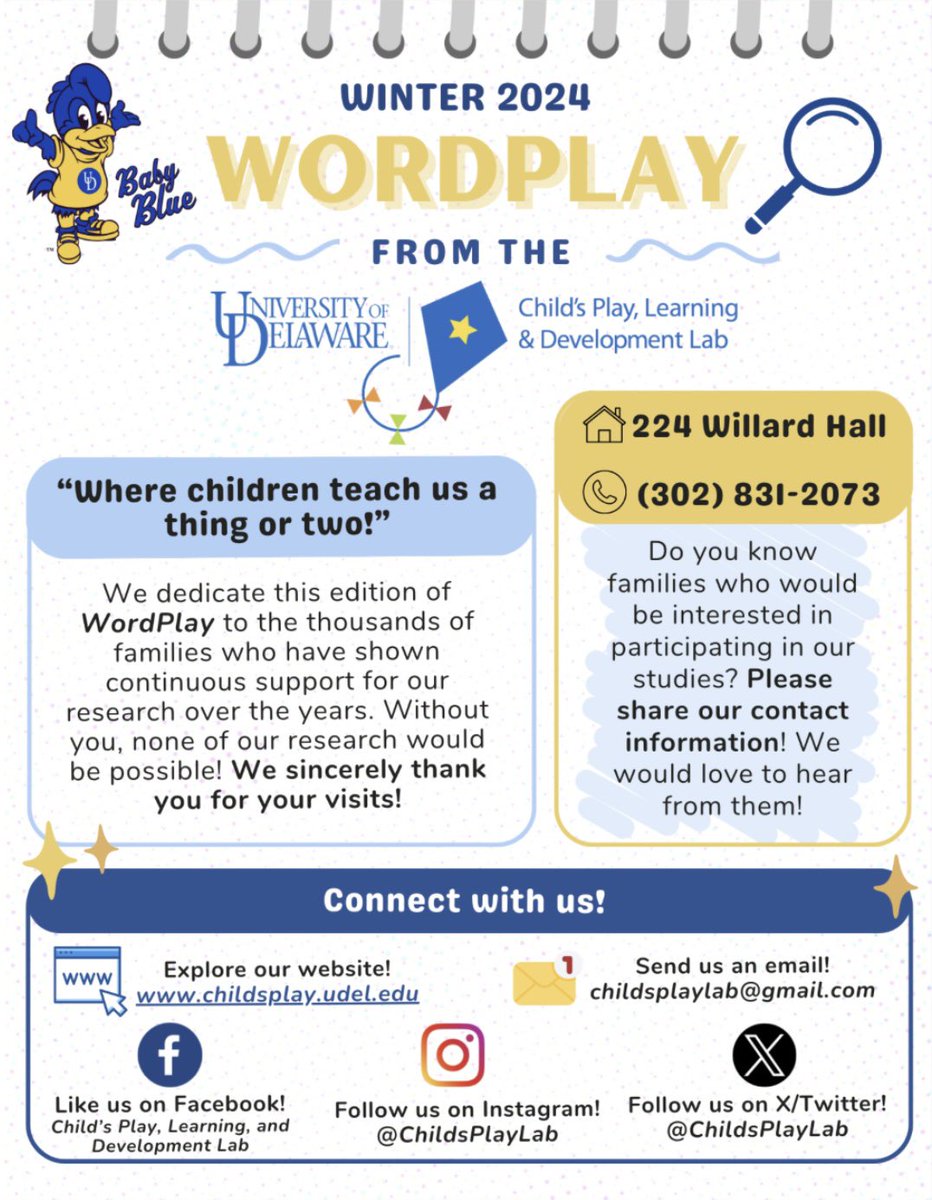 ChildsPlayLab's tweet photo. ✨💫🪁 Here are snippets of our Winter 2024 lab newsletter! Want to participate in our research? 🤩Sign-up here: https://t.co/4JNtCJoaZw https://t.co/VX6vgGGypV