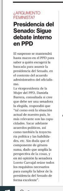 ViceMujer, Daniela Barrera, hoy en el diario, “Sin duda que el componente de género suma, dado que amplía la perspectiva, en mi opinión la senadora Loreto Carvajal, reúne todos los requisitos necesarios para cumplir la labor de la presidencia del Senado.”