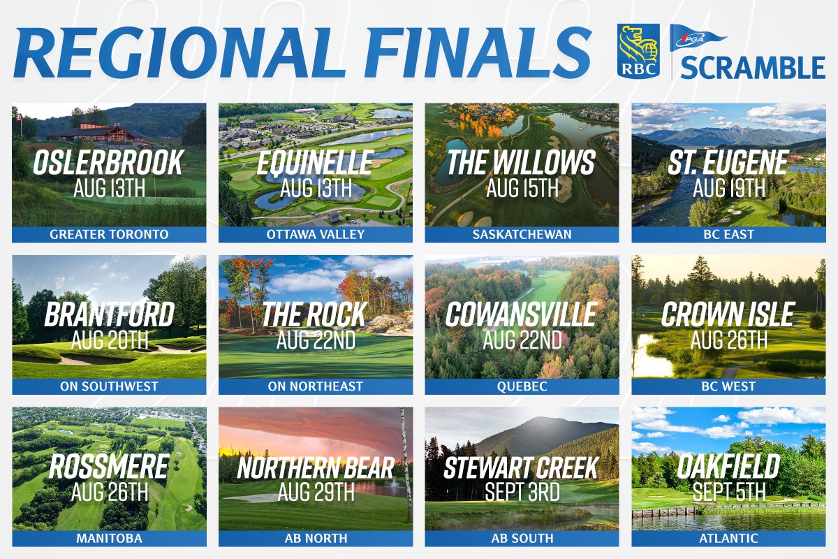 pgaofcanada's tweet photo. What a lineup of Regional Final courses the @RBC PGA Scramble has in store for 2024 ⛳️ 

Player registration is set to open in early April.

Learn more &amp; find out how your club can host a local qualifier: https://t.co/Lr68zWy7sa

#RBCPGAScramble https://t.co/FMVZYe4w01