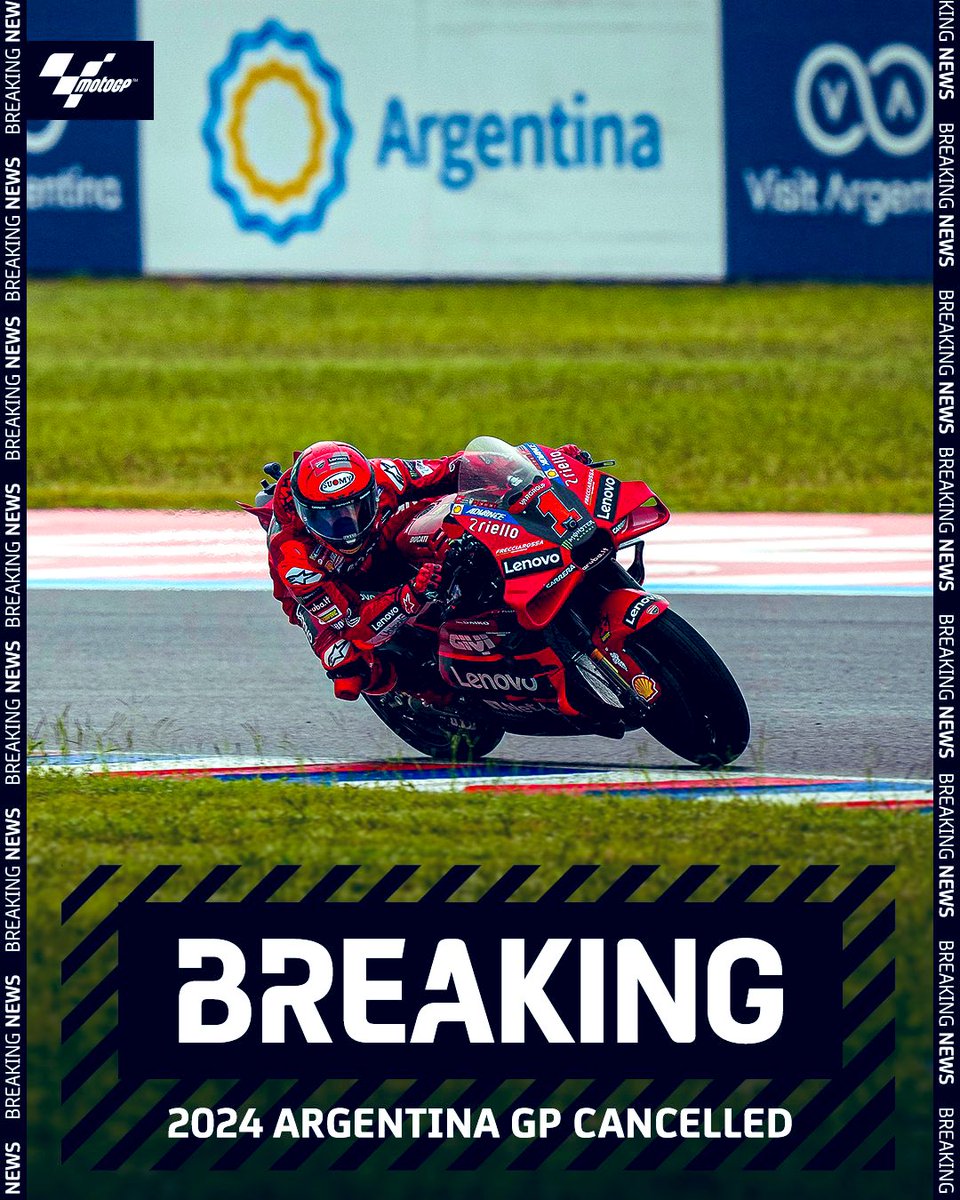 R_BastidasMora's tweet photo. Se ha dado a conocer que el #ArgentinaGP del 2024 ha sido cancelado y no será reemplazado.

La empresa promotora, Dorna, informó que la cancelación se da debido al cambio de gobierno que se dio en el país sudamericano.

El calendario ahora contará con 21 carreras.
#MotoGP https://t.co/tIW8C4Kncv