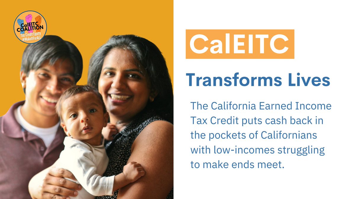 It's #CalEITCWeek! 💸 The CalEITC fights poverty and builds equity for low-income families by putting cash directly back into their hands. #CALeg: Commit to helping families pay their bills and save by strengthening the CalEITC this year.