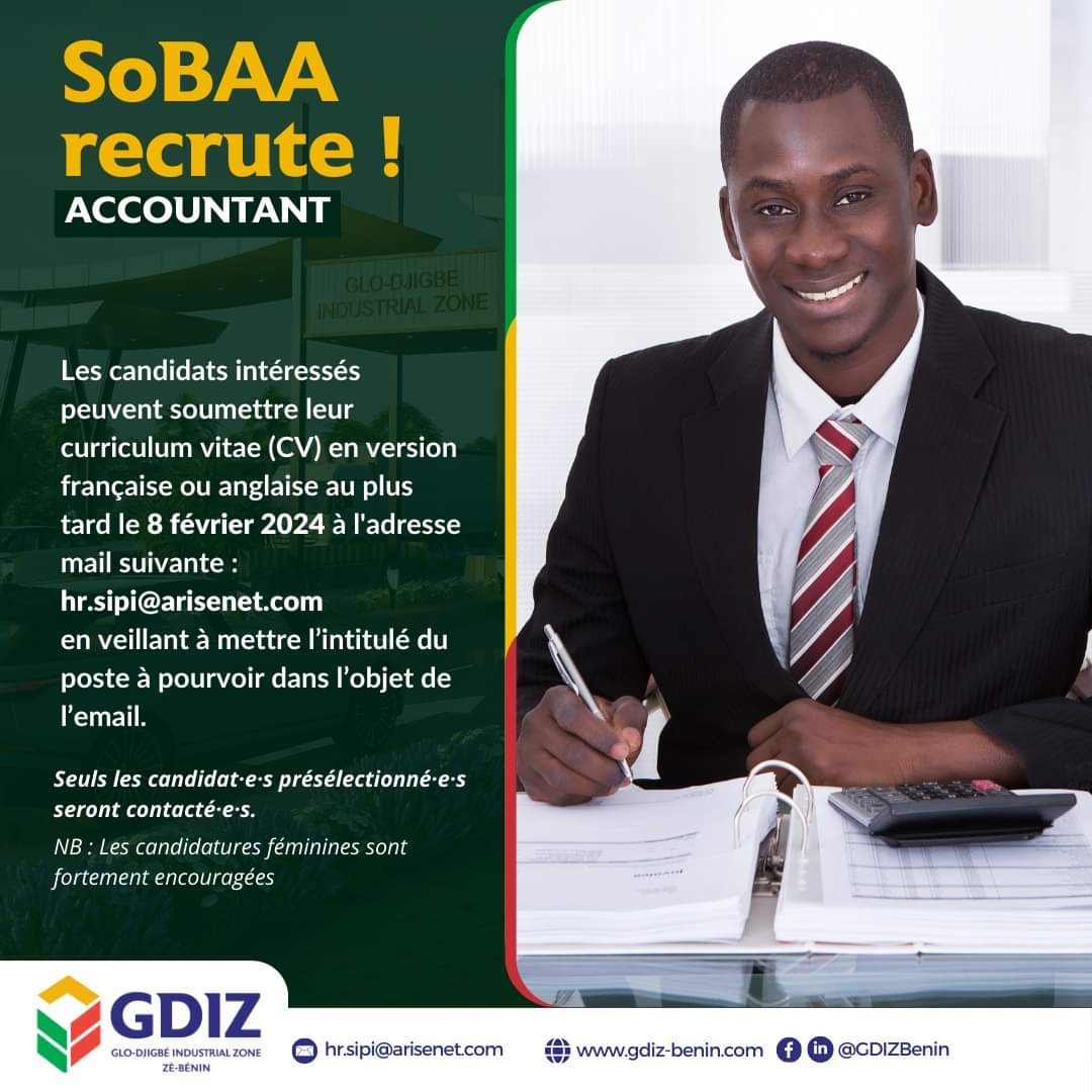actualites229's tweet photo. 🇧🇯 La #SoBAA recrute:
🔹 1 Comptable
🔹 1 Directeur Financier
📧 Envoyez vos CV en anglais/ français à hr.sipi@arisenet.com avant le 8 février 2024.
➡️Fiches de poste détaillant les missions et qualifications requises : https://t.co/wYugEDRh4G https://t.co/AidBjPZN2x