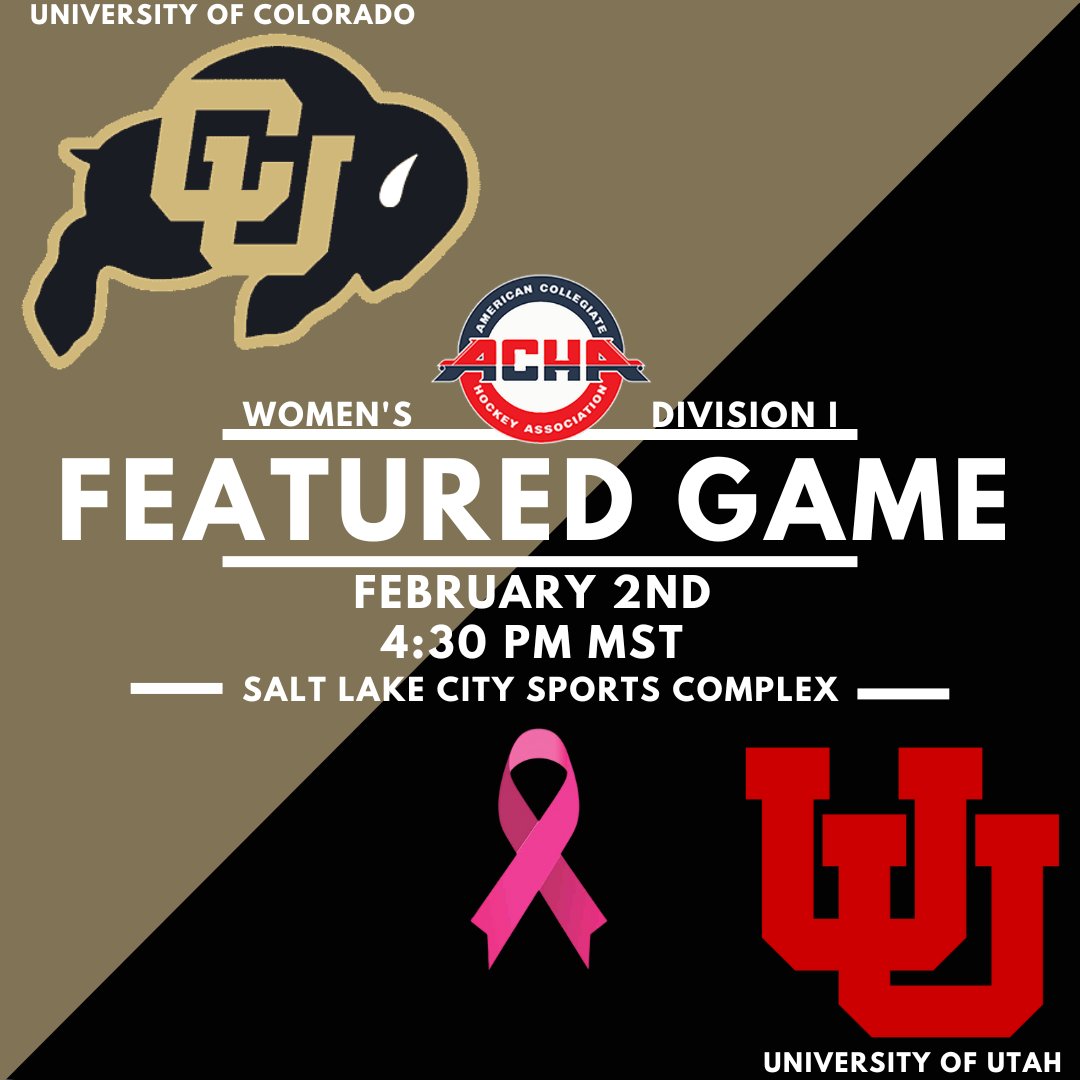 achawomensd1's tweet photo. 📣Western Women's Collegiate Hockey League matchup is our first featured game of the week! @ColoradoWHockey is on the road at @UtahWHockey for a breast cancer awareness game. Puck drops at 4:30 PM MST. Streaming on https://t.co/ps5UsvOW7p #womenshockey #ACHAhockey #gameoftheweek https://t.co/s0mrY8aqFq