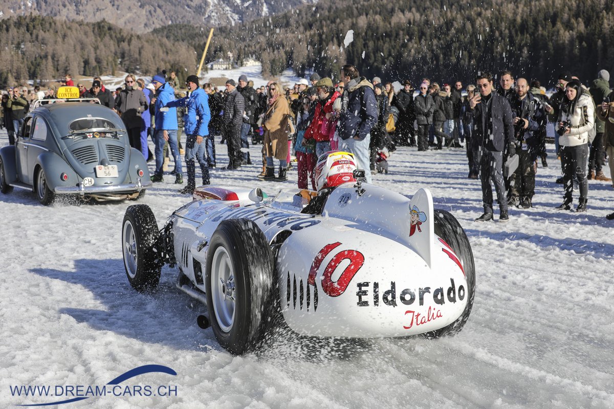 Maserati 420M/58 'Eldorado' of the famous Panini Collection on the frozen lake in St. Moritz. #maserati #panini #Eldorado #racecar #stmoritz #racing #Wintersport