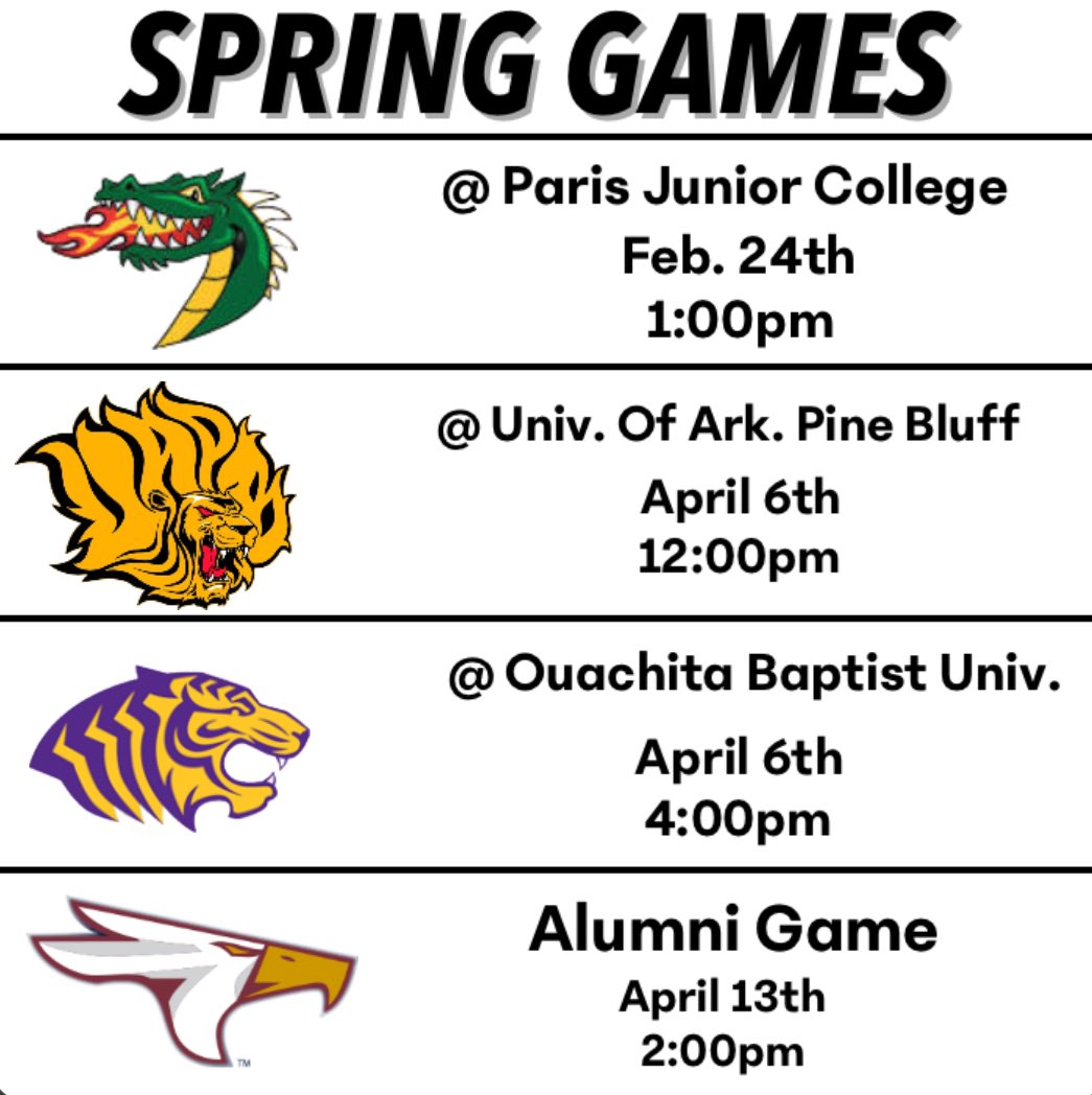 🦅Time to ball out!🦅 We will be on the road this spring with a double header in Arkadelphia, AR. at Kluck Field vs UAPB & OBU. Catch us at home for the Alumni game!💪🏽🔥