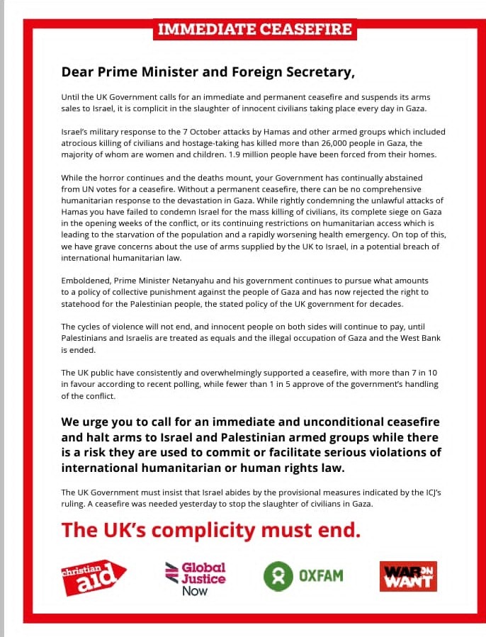 "Until the UK government calls for an immediate &amp; permanent ceasefire &amp; suspends its arms sales to Israel, it is complicit in the slaughter of innocent civilians taking place in Gaza."

Well done to @Christian_Aid, <a href="/GlobalJusticeUK/">Global Justice Now</a>, @OxfamGB &amp; <a href="/WarOnWant/">War on Want</a> for this intervention 👏🏽