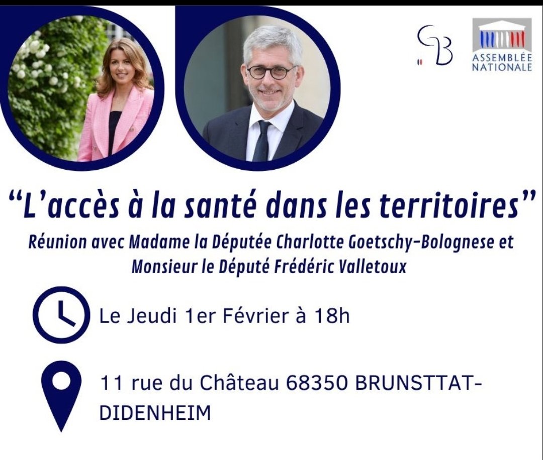 Frédéric Valletoux (@fredvalletoux) on Twitter photo À l’invitation de <a href="/C_GoetschyB/">Charlotte Goetschy-Bolognese</a>, je serai demain à #Mulhouse pour une réunion publique sur l’accès aux #soins.
Un mois après la promulgation de ma #PPLAccèsAuxSoins, je présenterai les mesures de ce texte qui constituent une pierre utile dans la réforme du système de #santé. À l’invitation de <a href="/C_GoetschyB/">Charlotte Goetschy-Bolognese</a>, je serai demain à #Mulhouse pour une réunion publique sur l’accès aux #soins.
Un mois après la promulgation de ma #PPLAccèsAuxSoins, je présenterai les mesures de ce texte qui constituent une pierre utile dans la réforme du système de #santé.