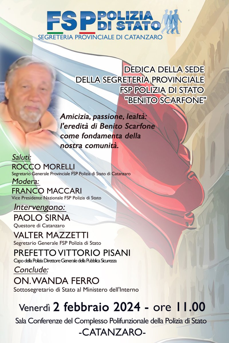 Capo della Polizia e sottosegretario Ferro venerdì a Cz per la dedica della sede Fsp a Scarfone
<a href="/questuracz/">Questura di Catanzaro</a> <a href="/Adnkronos/">Adnkronos</a> <a href="/Czinforma/">CatanzaroInforma.it</a> <a href="/PapaleoStefania/">Stefania Papaleo</a> <a href="/lanuovacalabria/">La Nuova Calabria</a> <a href="/TgrRaiCalabria/">Tgr Rai Calabria</a> <a href="/Agenzia_Ansa/">Agenzia ANSA</a> <a href="/CorrCalabria/">Corriere della Calabria</a> <a href="/AnsaCalabria/">Ansa Calabria</a> <a href="/Calabria_7/">Calabria7</a> <a href="/calabrianotizie/">Calabria Notizie</a> <a href="/poliziadistato/">Polizia di Stato</a>