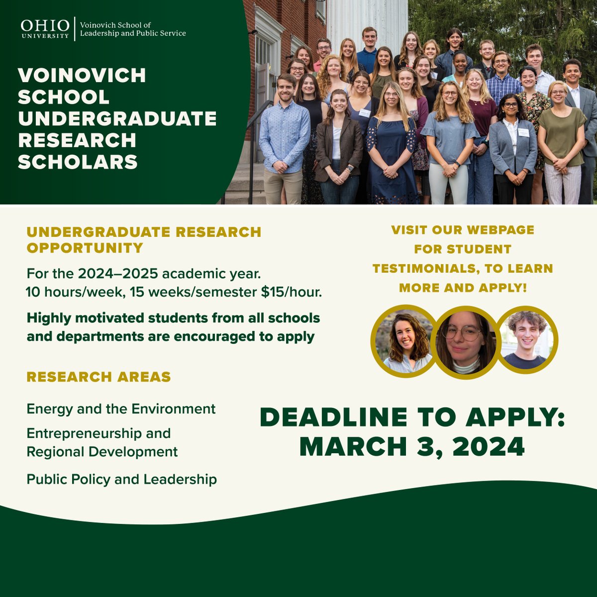 Apply by 3/3 to become a Voinovich Undergraduate Research Scholar for the 2024-2025 academic year! Opportunities include work related to energy & the environment, economic development, and public policy & leadership. @ohiou @ohioES @OUHTC Learn more: bit.ly/3UireEL