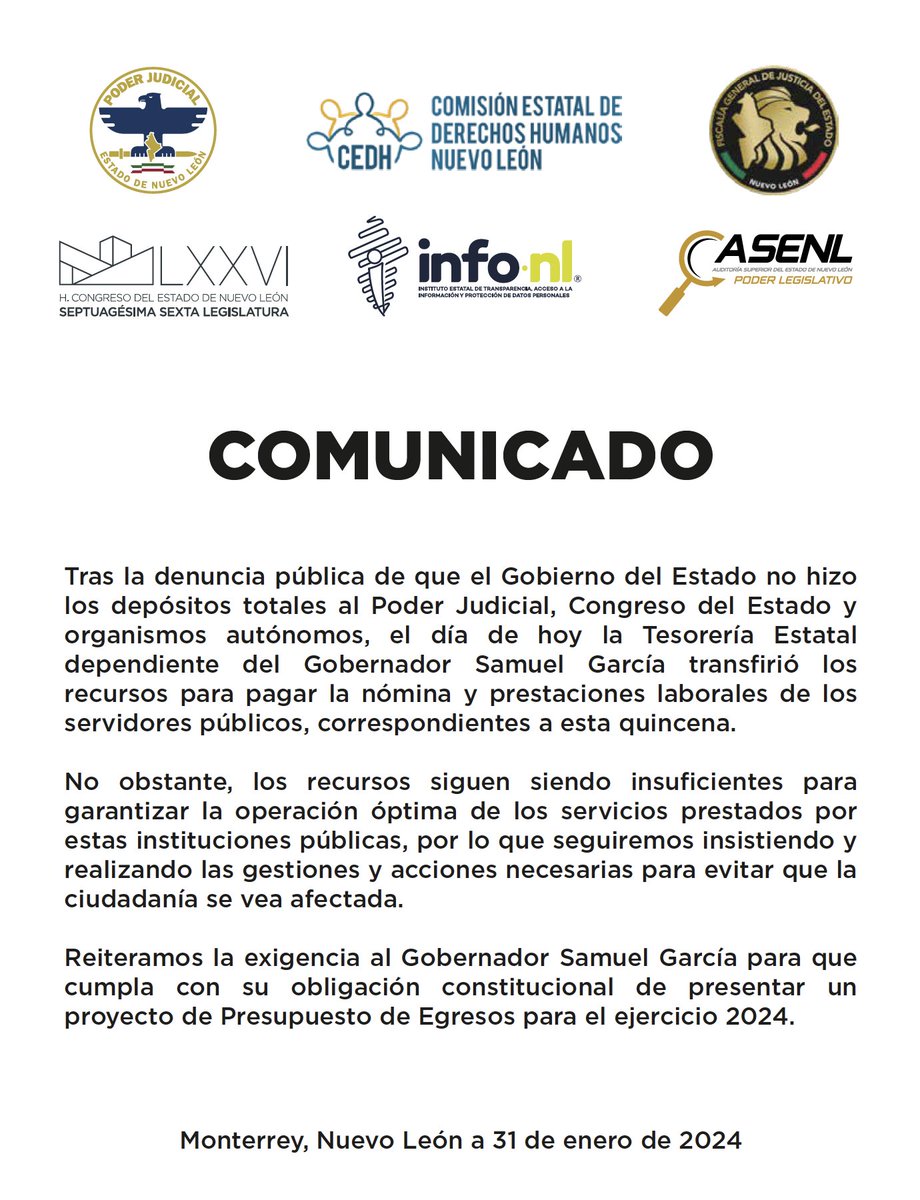 poderjudicialnl's tweet photo. Comunicado importante a los ciudadanos y funcionarios públicos de Nuevo León.
@CEDHNL
@FiscaliaNL
@CongresoNL
@INFONLMX
#ASENL https://t.co/ozelTt9VM0