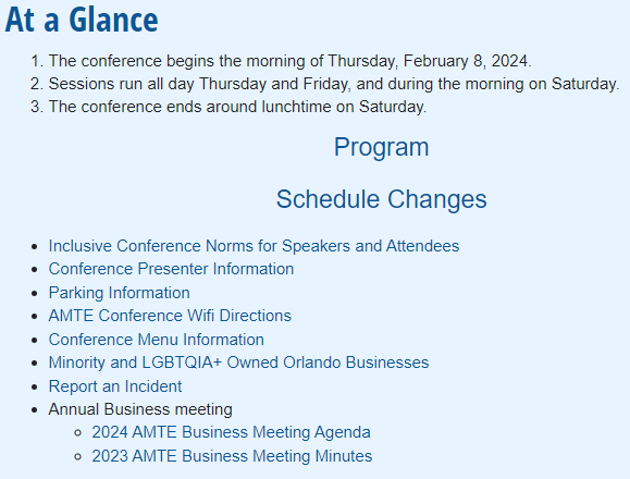 As you plan your trip to the <a href="/AMTENews/">AMTE</a> #AMTE2024 Conference, check out the "At a Glance" section on the AMTE website for conference info. This includes links to parking, wifi, inclusive conference norms, &amp; local minority and LGBTQIA+ owned businesses bit.ly/AMTE2024